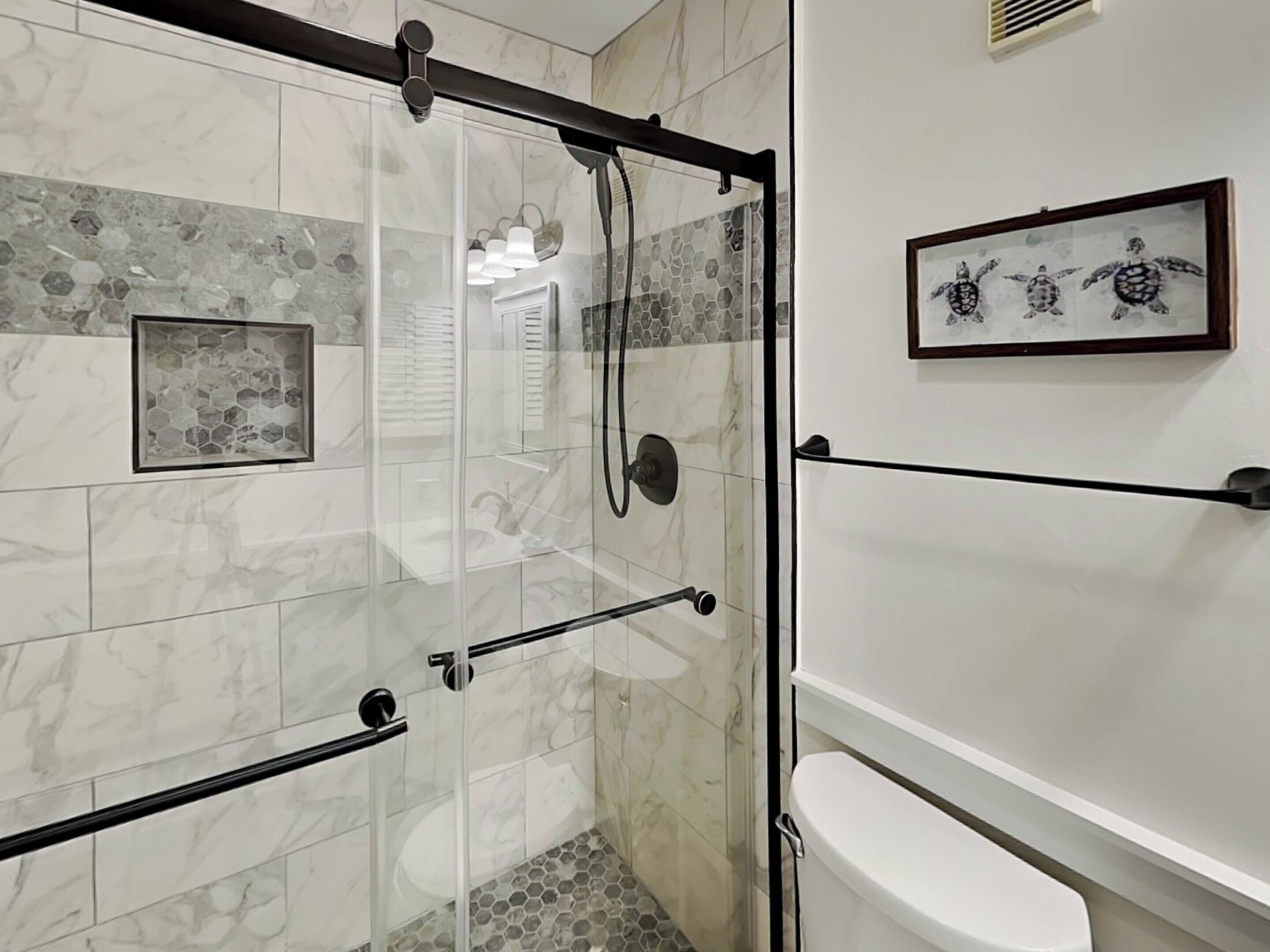 A modern bathroom with a glass-enclosed shower, marble tiles, a toilet, and a framed picture of turtles on the wall.