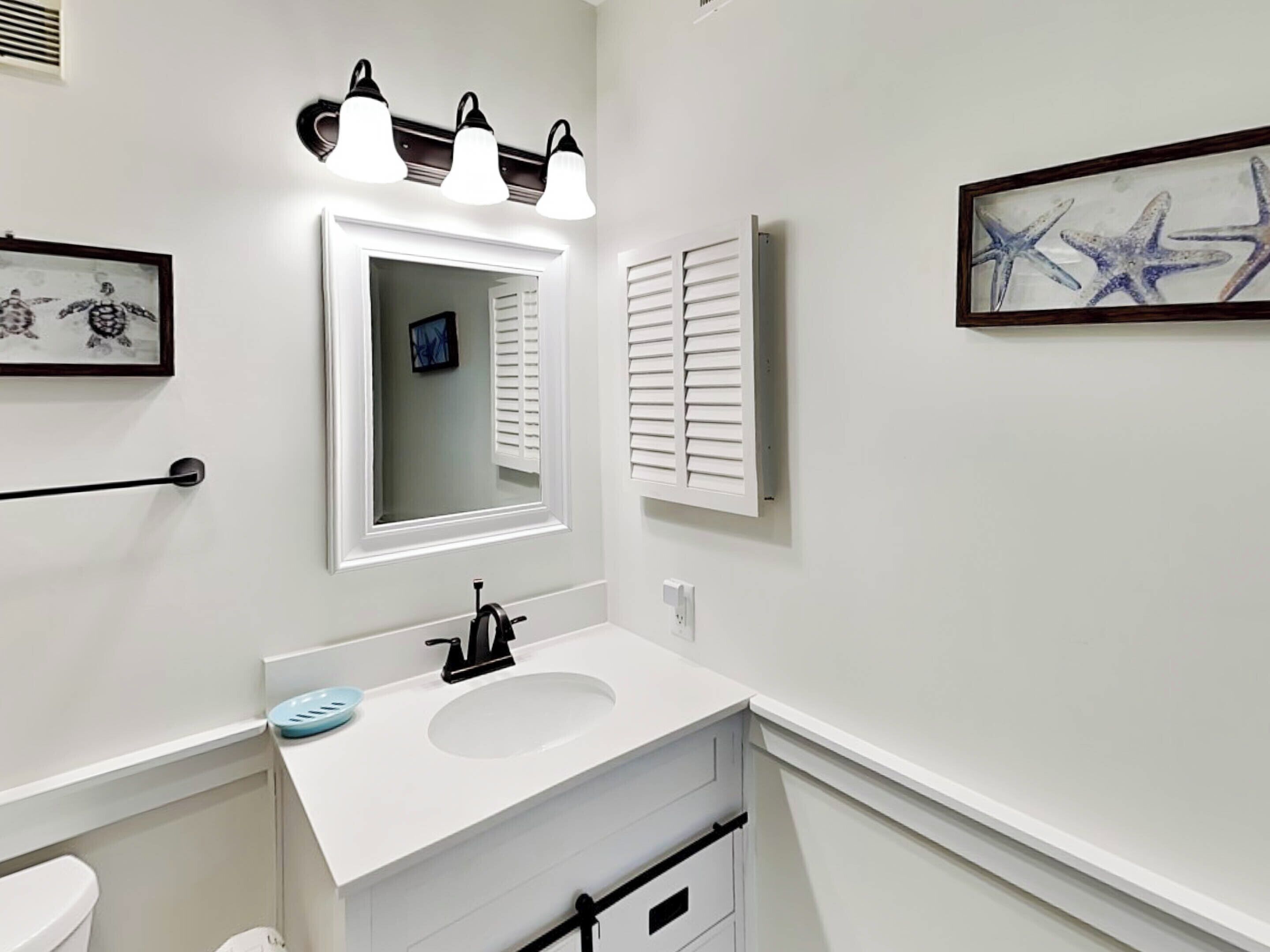 Un baño con un lavamanos blanco, un espejo y tres luces fijadas a la pared. Hay un cuadro enmarcado con imágenes de criaturas marinas.