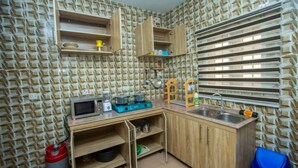 A compact kitchen with wooden cabinets, a sink, a microwave, and a blender. - AJI (1.0) | Warm 2BED Apartment (Ijegun, Lagos) (Lagos)