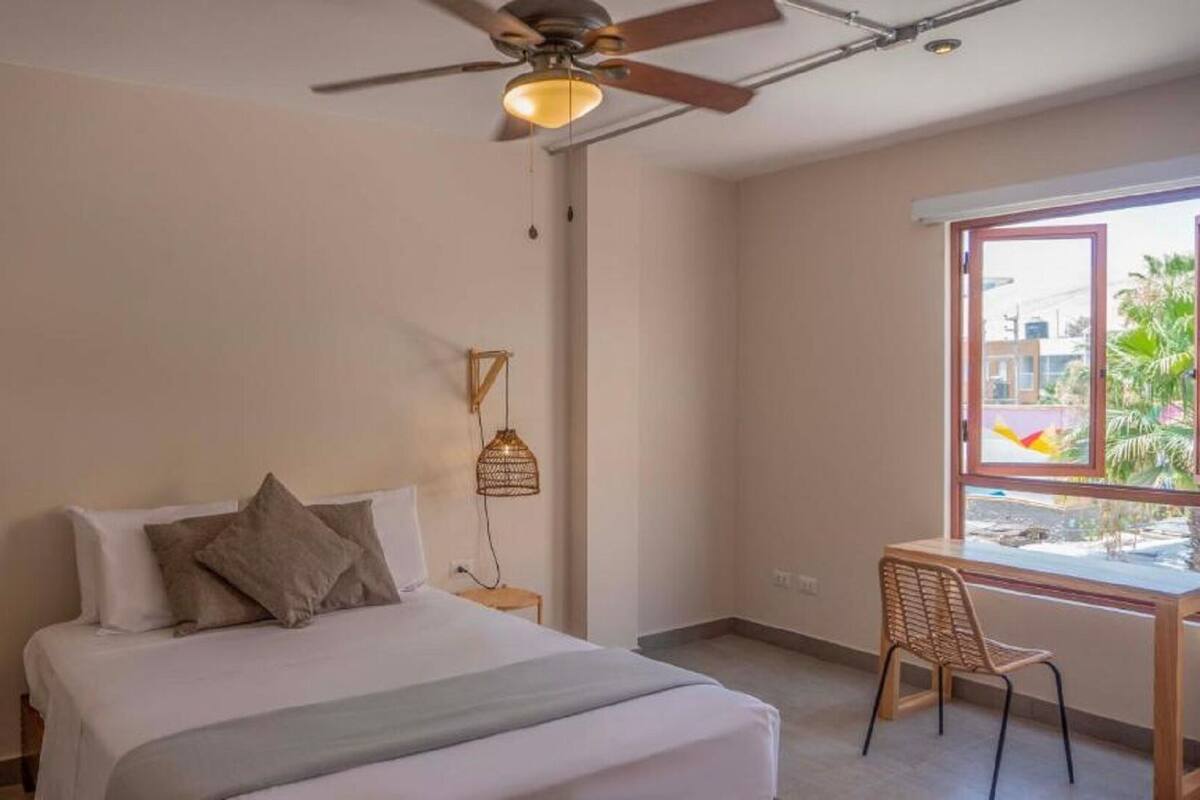 A bedroom with a bed, a ceiling fan, a desk with a chair, and a window with a view of greenery.