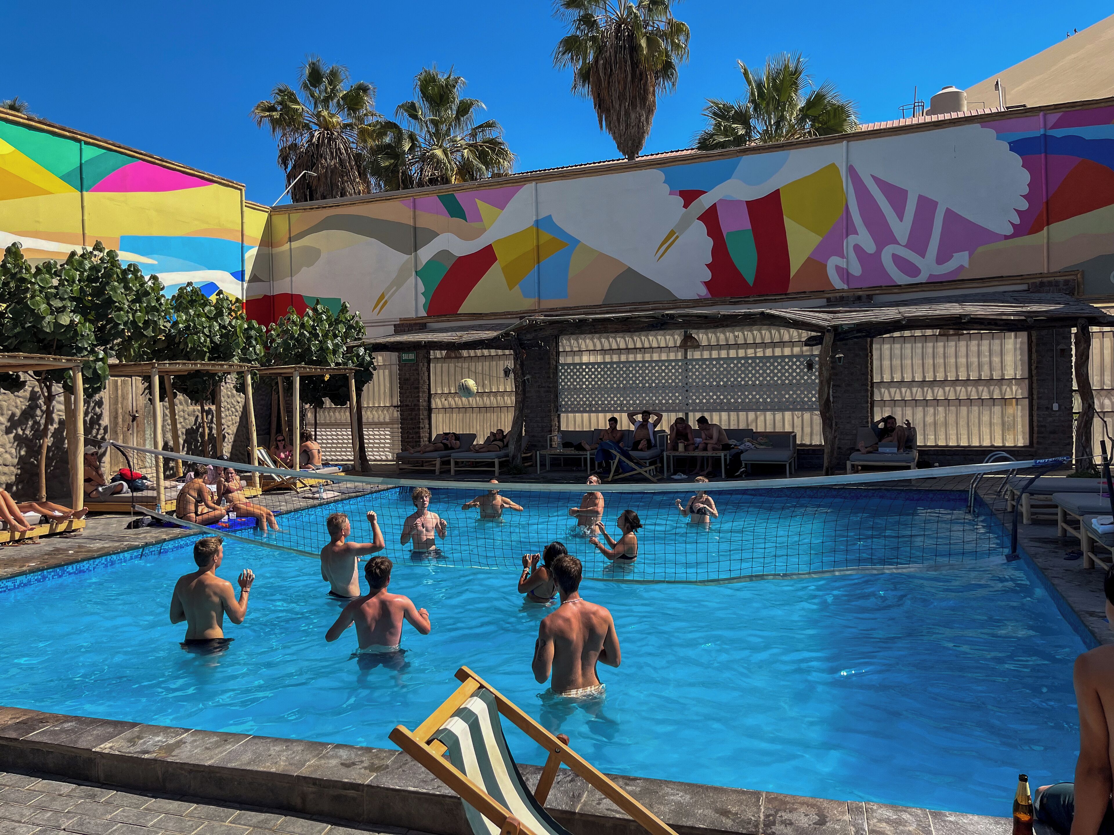 A swimming pool with people in the water and on the deck, surrounded by palm trees and a colorful mural.