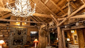 A rustic interior with a chandelier, wooden beams, mounted animal heads, a stone fireplace, and a television.