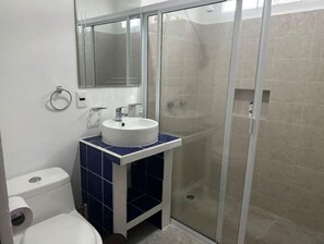 Ducha, secador de pelo, toallas, jabón