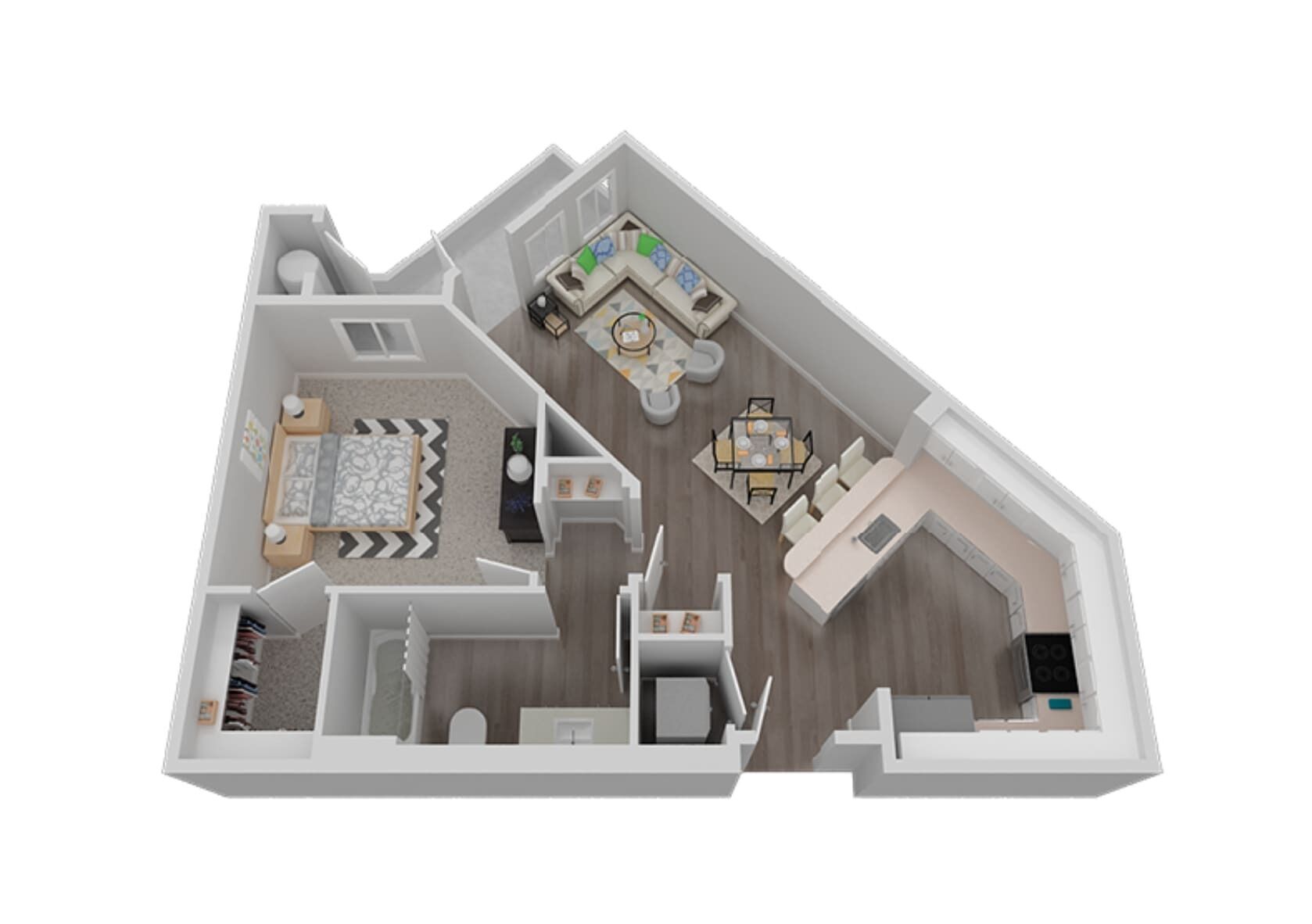 A 3D floor plan of a modern apartment with a living room, dining area, kitchen, and a small bathroom.