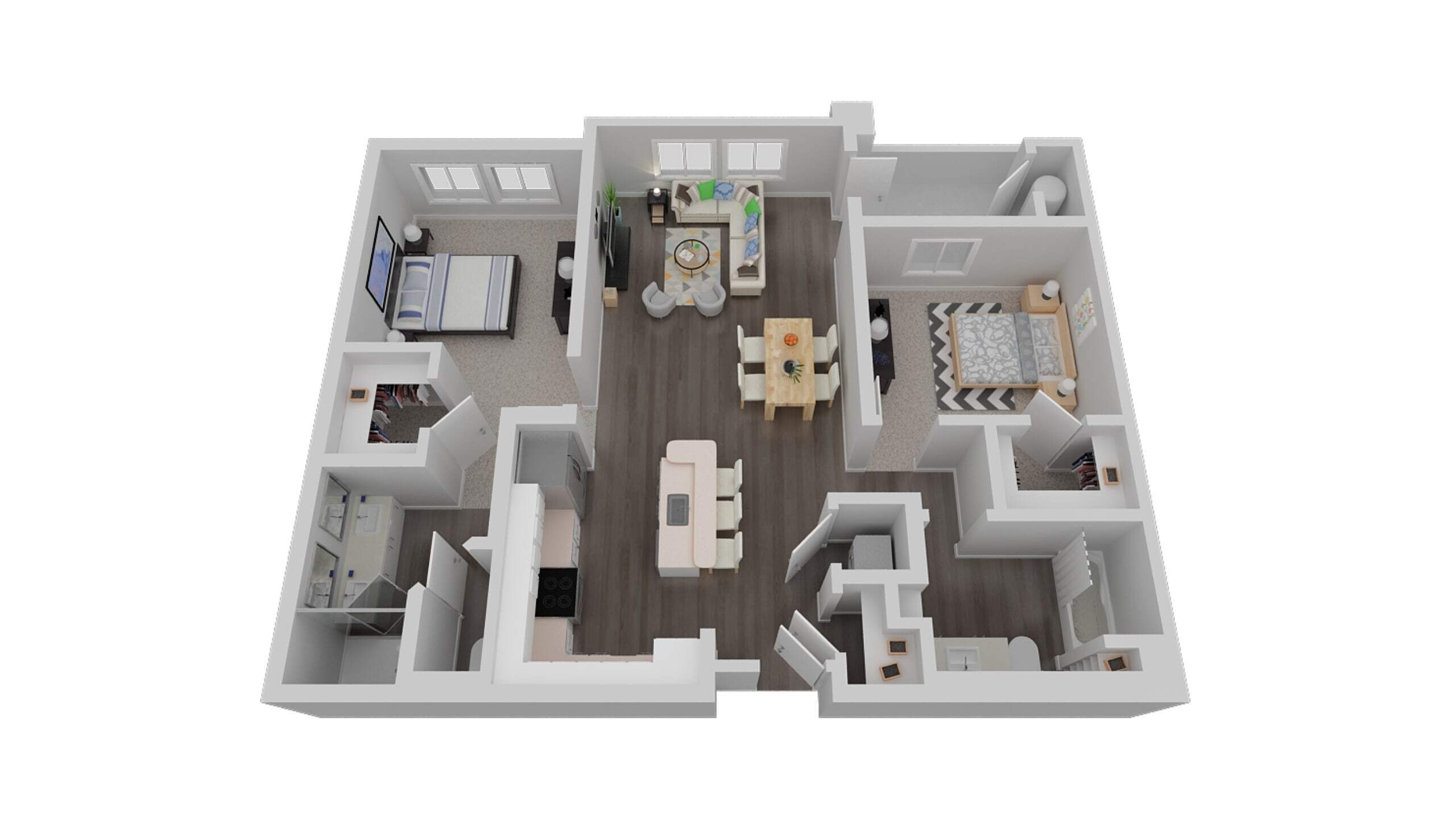 Plano de planta en 3D de un apartamento moderno que incluye sala de estar, comedor, cocina, dos dormitorios y un baño.