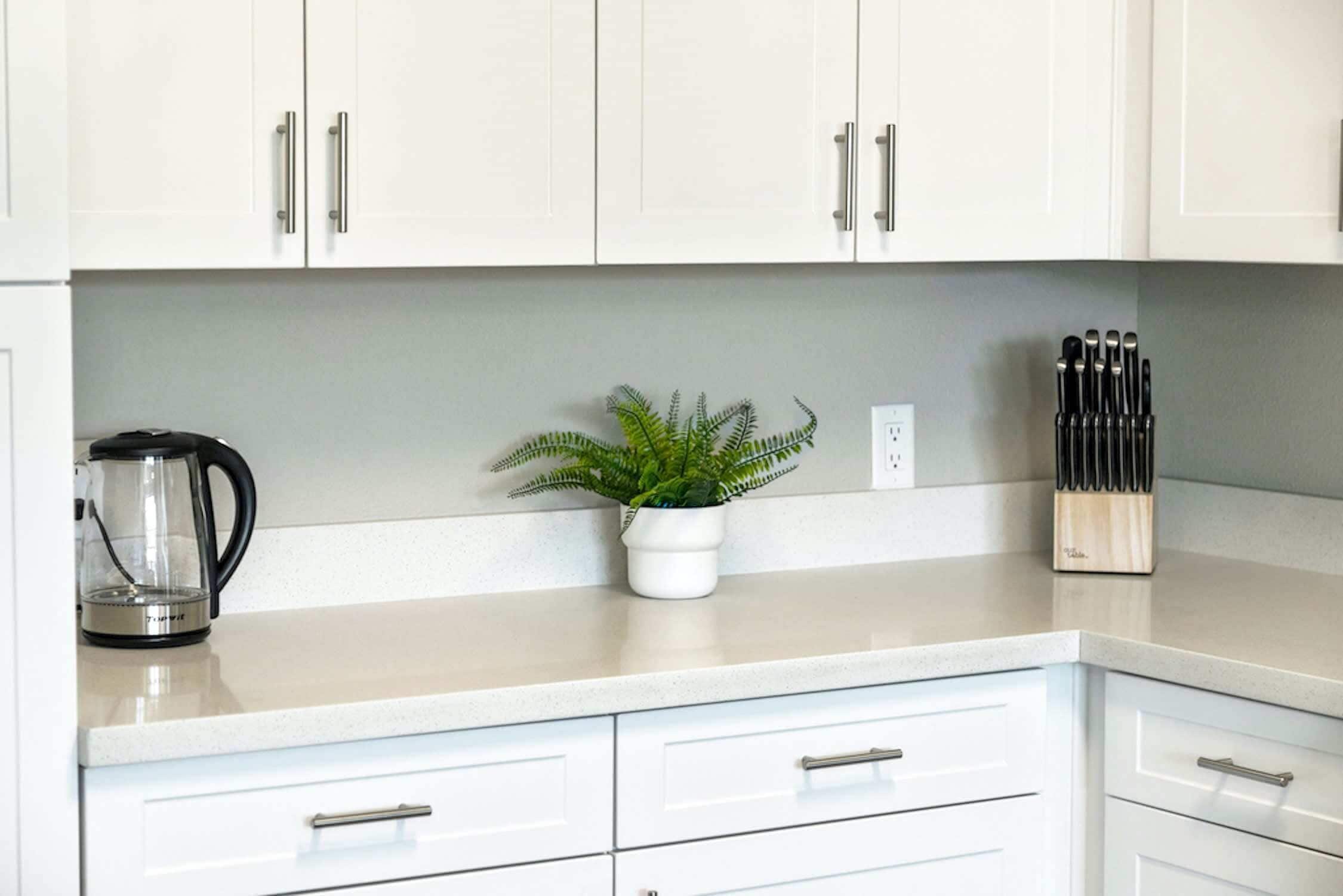 A kitchen with white cabinets, a coffee maker, a potted plant, and a knife block.