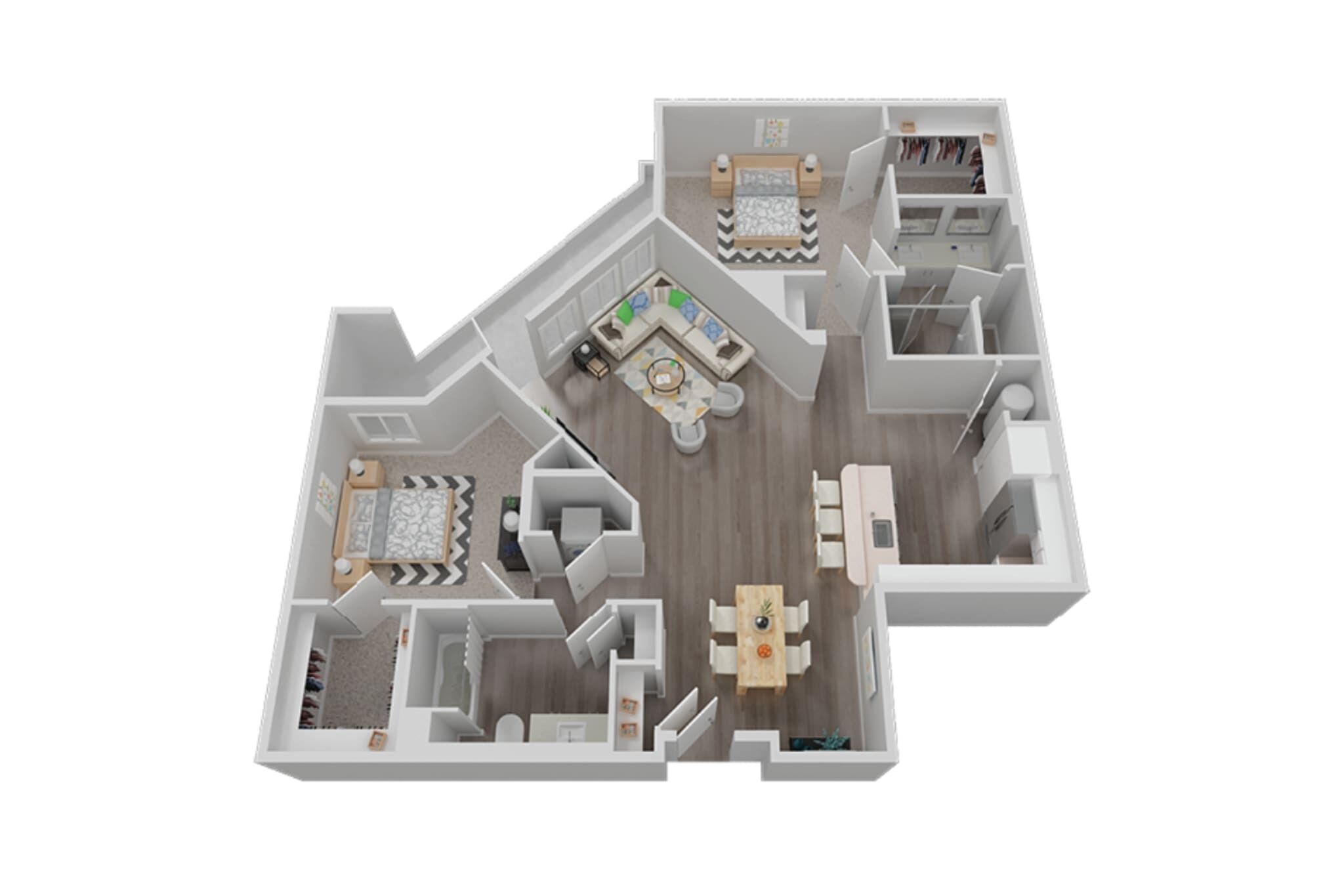 Egy modern apartman 3D-s alaprajza, amely nappalit, konyhát, étkezőt és hálószobát tartalmaz.