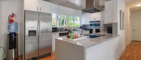Deluxe Apartment | Private kitchen | Fridge, microwave, oven, stovetop