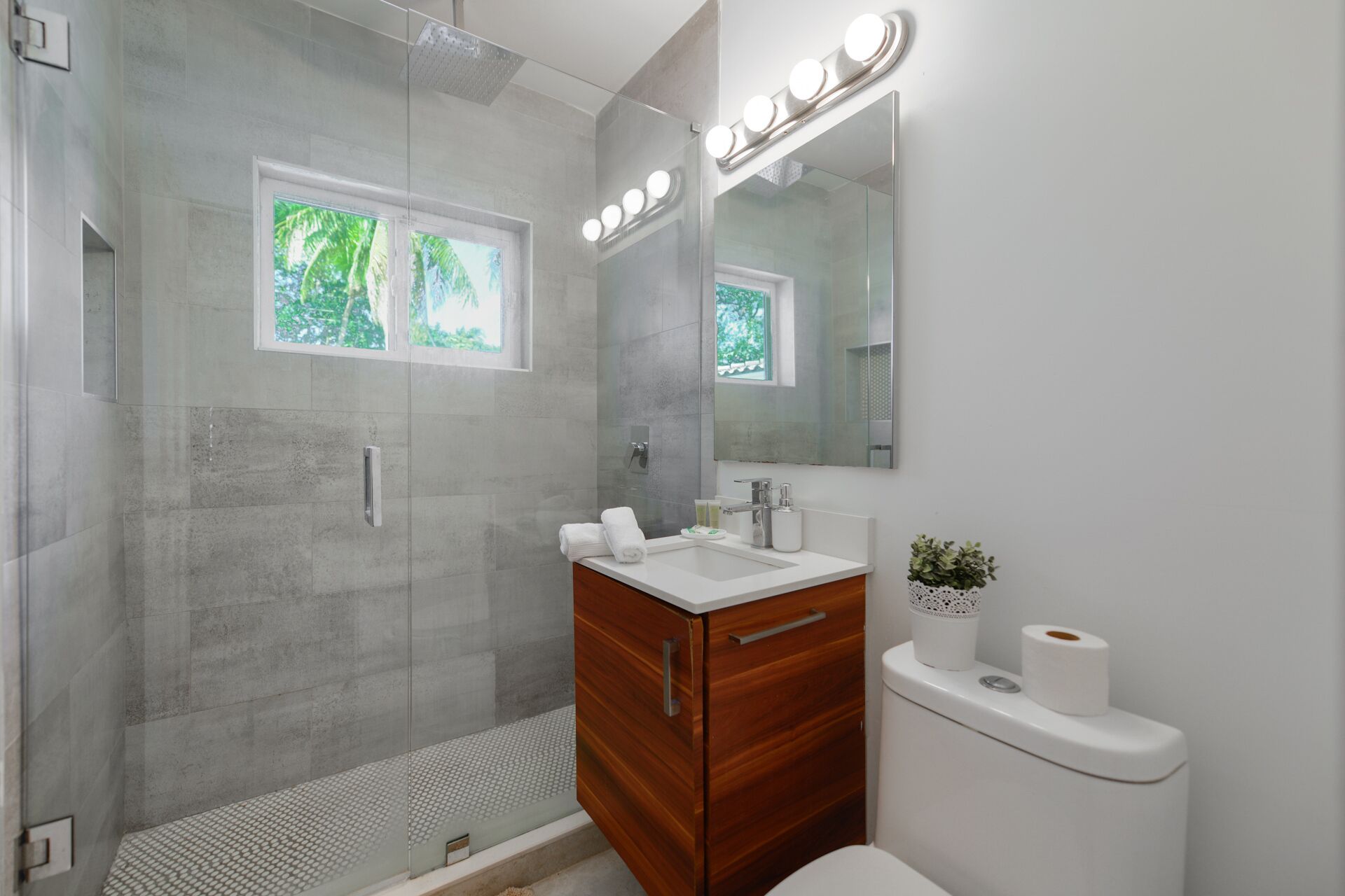 Een moderne badkamer met een douchecabine van glas, een wastafelmeubel met een wastafel en een toilet.