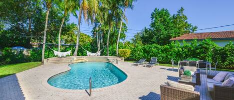 Outdoor pool, pool umbrellas, pool loungers