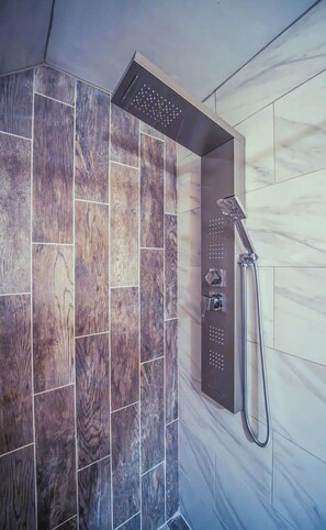 Hair dryer, towels, soap, shampoo