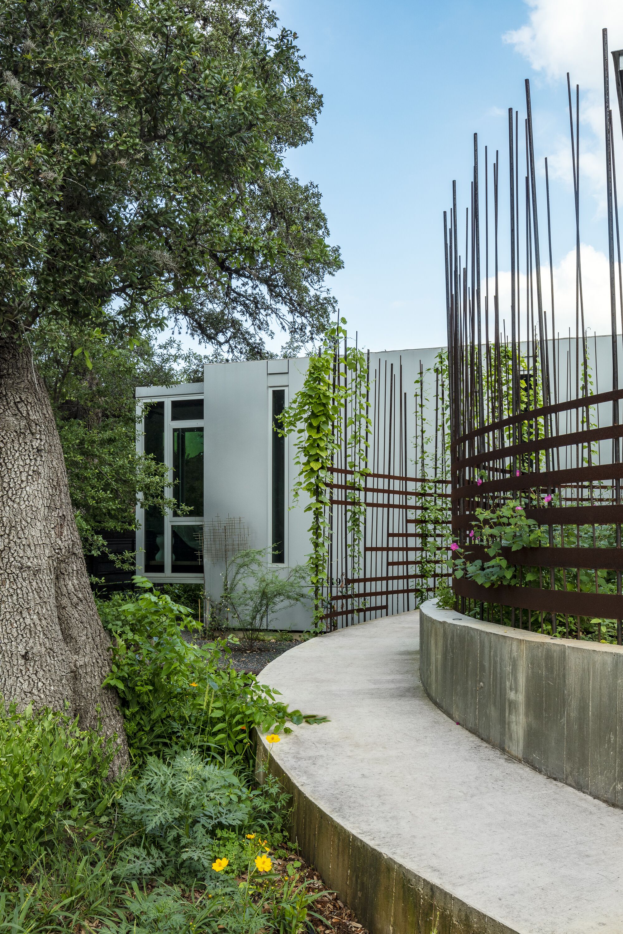 A modern building with large windows, surrounded by greenery and a concrete pathway.
