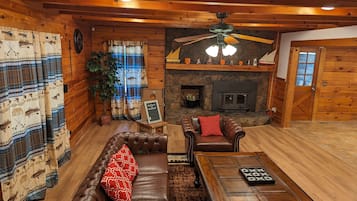 Smart TV, fireplace, books