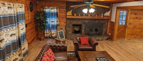 Smart TV, fireplace, books