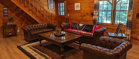 Smart TV, fireplace, books