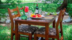Una mesa de madera al aire libre con una botella, vasos y un plato de fruta.