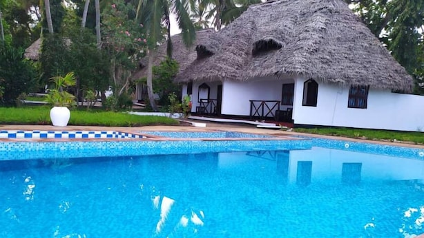 Un área de piscina con un edificio de techo de paja, rodeado de exuberante vegetación.
