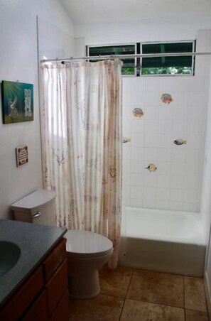 Hair dryer, towels, soap, toilet paper