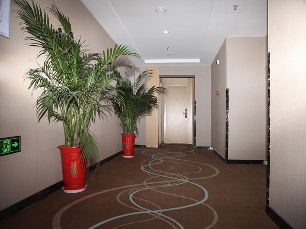 A hotel hallway with two potted plants, a carpet with a wavy pattern, and a door at the end.