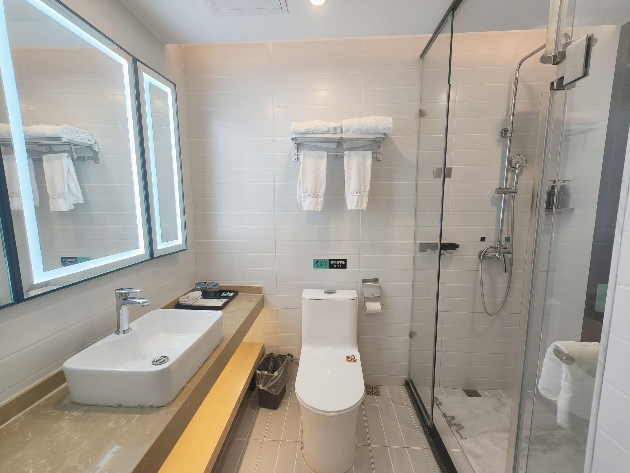 Une salle de bain moderne avec un grand miroir, un lavabo, des toilettes et un espace douche.