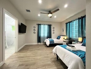 4 bedrooms, desk, iron/ironing board, travel cot