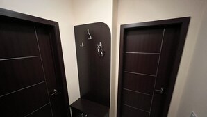 A hallway with three dark wooden doors, one of which has a small step leading to a lower level.