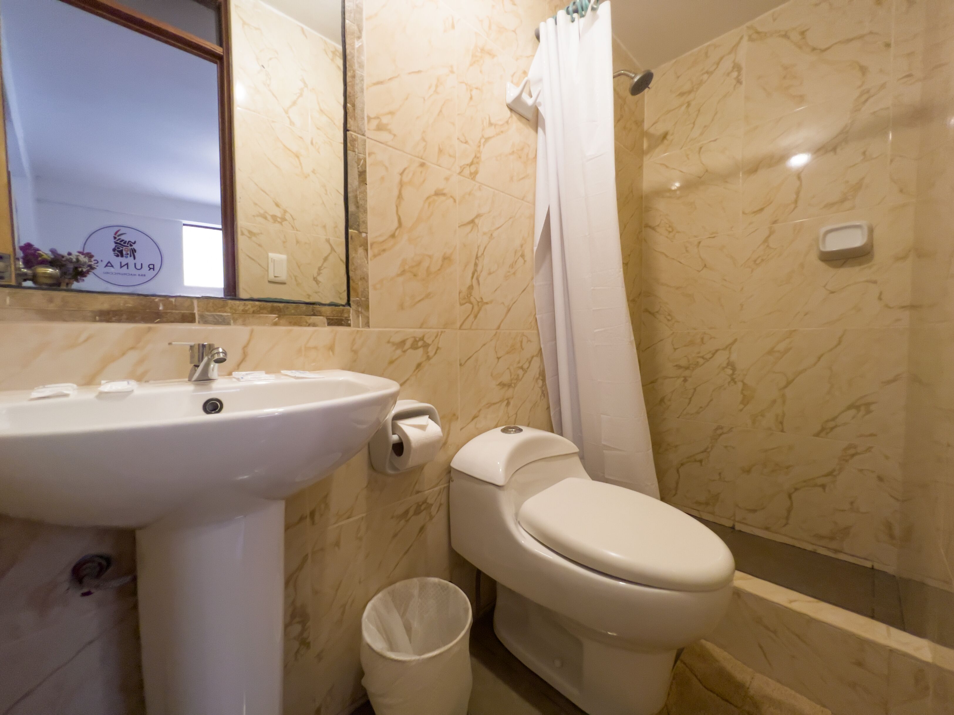 A bathroom with a sink, toilet, and shower curtain.