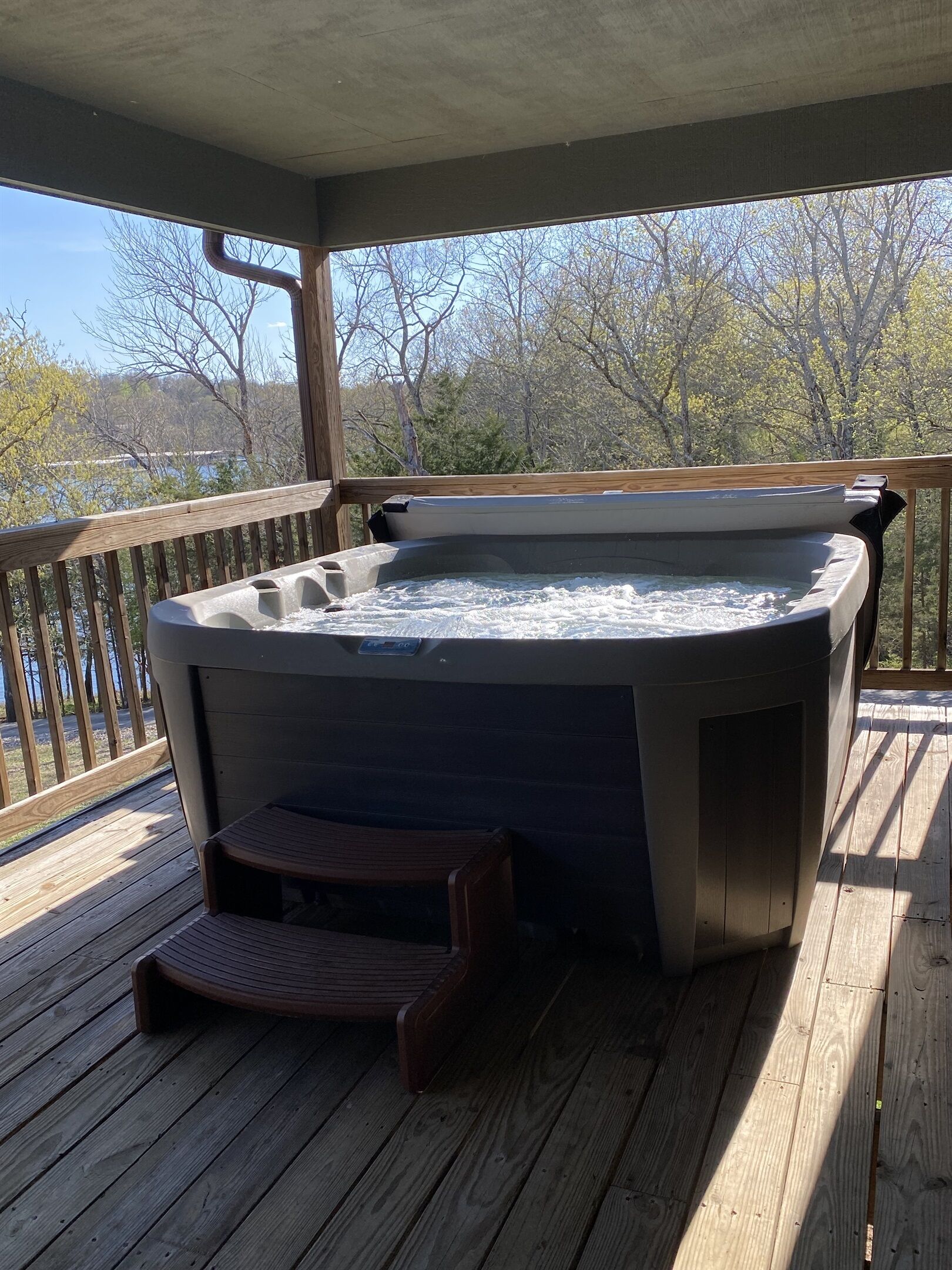 Un jacuzzi en una terraza de madera con barandilla y vista a árboles y una masa de agua al fondo.