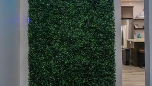 Eine vertikale Wand mit einem Neonlichtschild mit der Aufschrift "The Tiffany" und einer üppigen Grünwand.