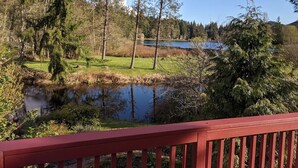 Näkymä järvelle, jossa on puinen terassi, ja sen ympärillä on puita sekä kauempana näkyvä rakennus.