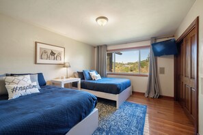 A bedroom with two beds, a TV, a painting, and a view of the outdoors.