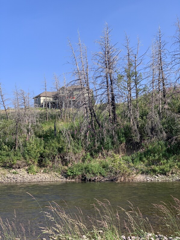 A house surrounded by trees and a river.