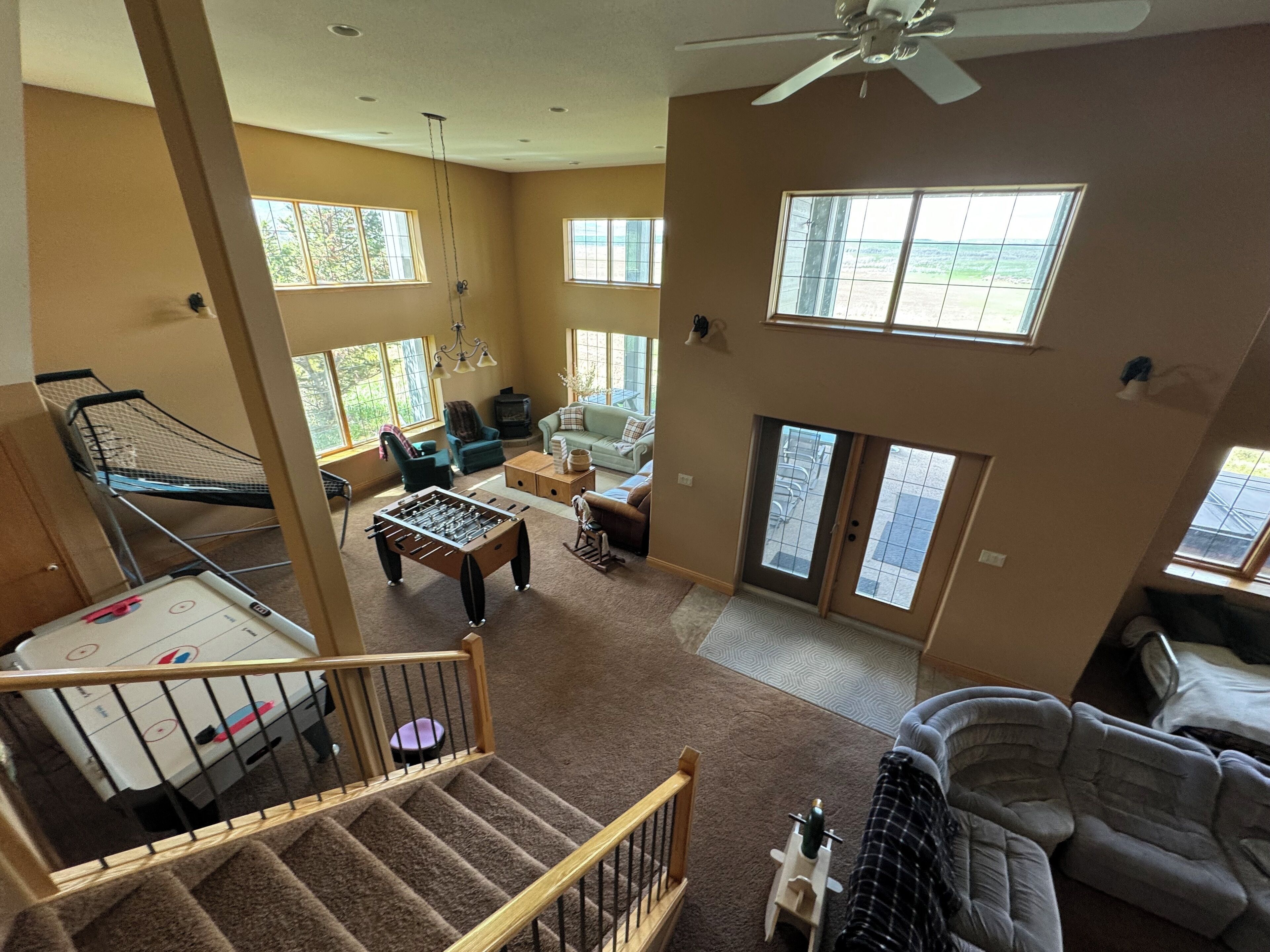 Smart TV, fireplace, DVD player, foosball