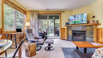TV, fireplace, books, stereo