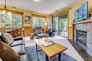 Télévision, cheminée, livres, chaîne hi-fi