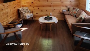 A cozy cabin interior with wooden walls, a flat-screen TV, a sofa, a chair, and a small table with a plant. - Water Rafts + Trails - North Star by Janix Escapes. (Wellston)