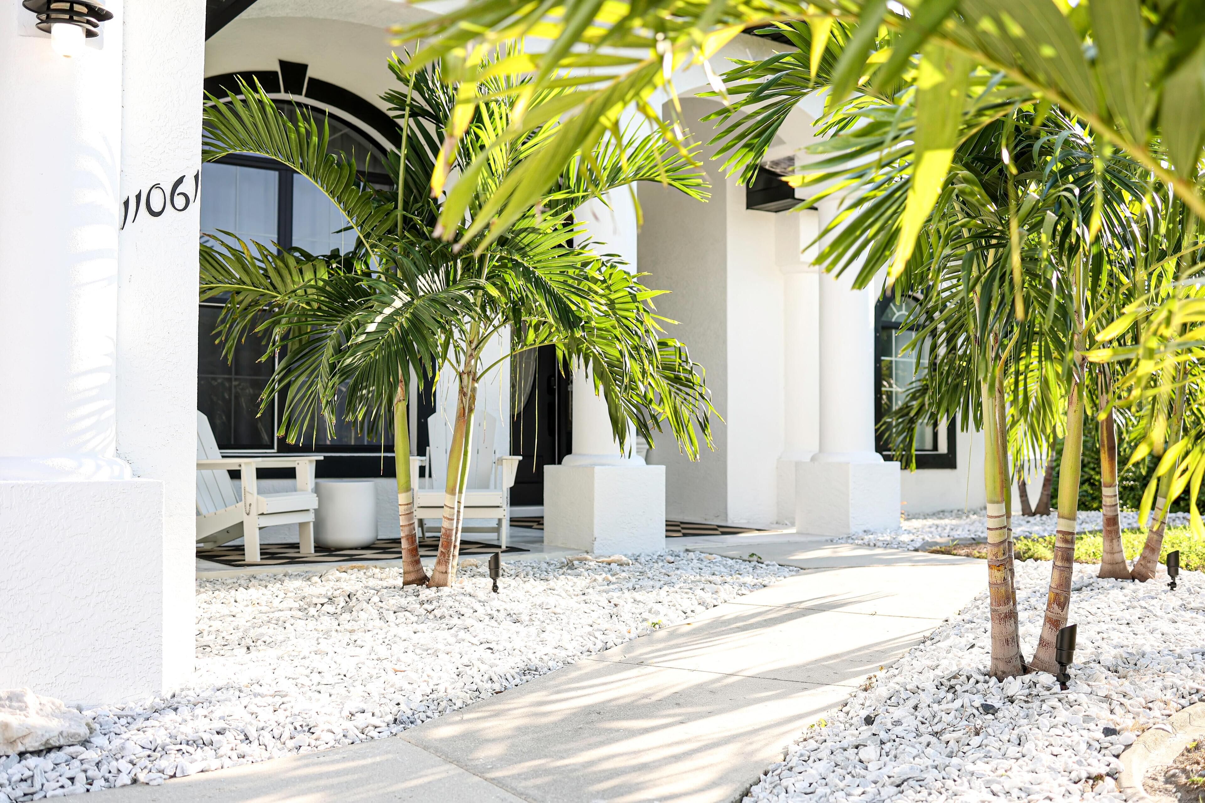 A pathway lined with palm trees and white chairs, leading to a building entrance with a large arched window.