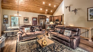 TV, fireplace, video games, foosball