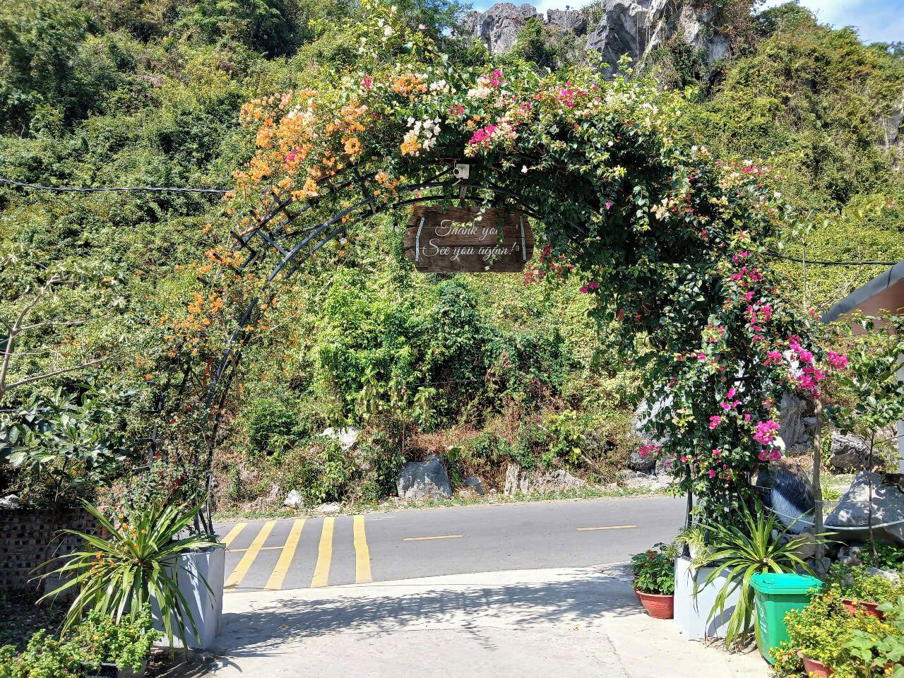 Una puerta con un letrero que dice 'Gracias, ¡hasta luego!' rodeada de exuberante follaje y plantas florecientes.