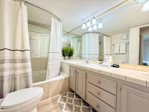 Combined shower/tub, hair dryer, towels