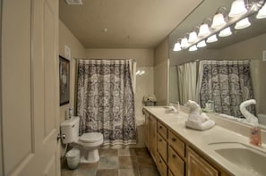Combined shower/bathtub, hair dryer, towels