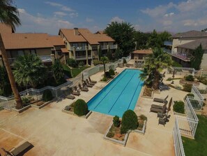 Una piscina rectangular rodeada de sillas de descanso y palmeras, con una valla y edificios al fondo.