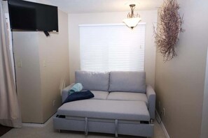 A room with a grey sofa, a flat-screen TV mounted on the wall, a ceiling light fixture, and a window with blinds.