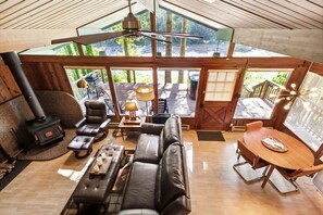 TV, books, stereo - Stargazer Studio - riverfront pet-friendly cabin (Gold Bar)