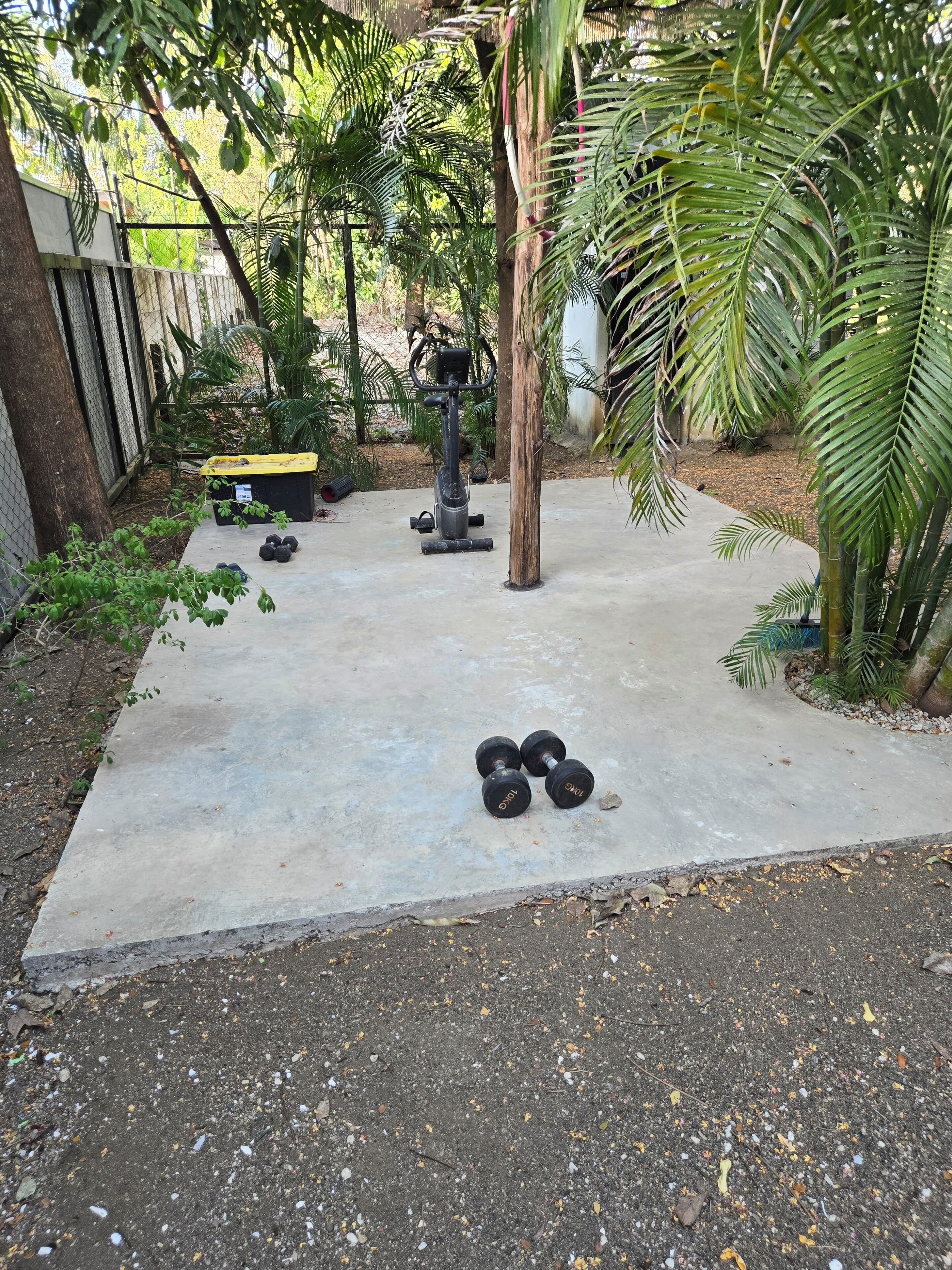 A concrete outdoor area with a stationary exercise bike, two dumbbells, and a yellow container.