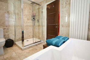 Hair dryer, towels, soap, toilet paper