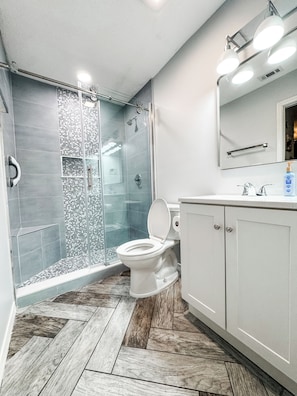 Hair dryer, towels, soap, toilet paper