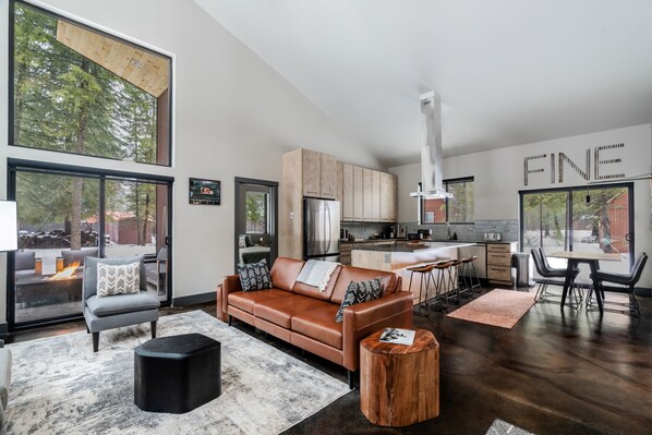 Smart TV, fireplace, books