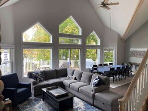 Télévision, cheminée, livres, espaces bureaux