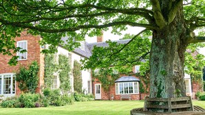 Une maison traditionnelle en briques, avec un grand arbre au premier plan, une pelouse bien entretenue et un banc placé sous l’arbre.